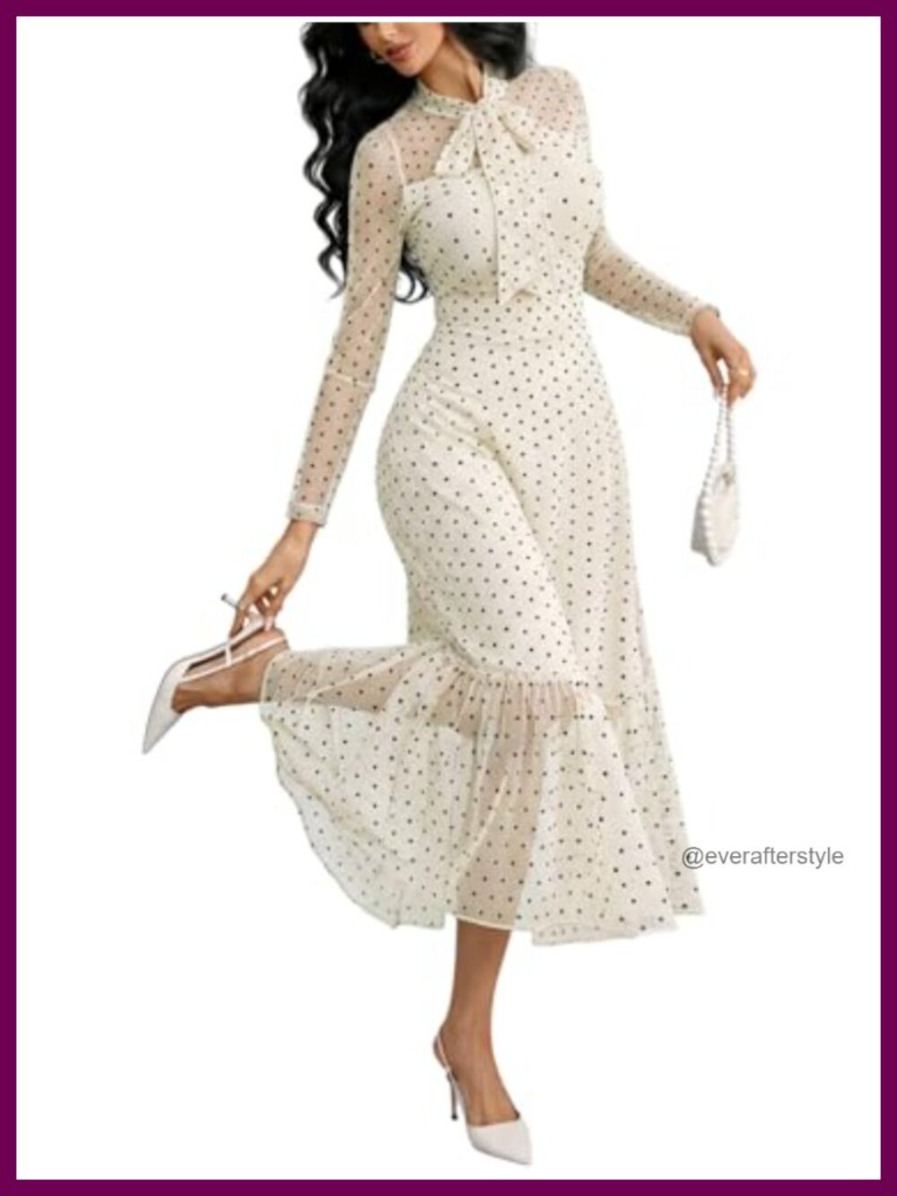 Polka Dot Tie Neck Ruffle Long Sleeve A-Line Dress
